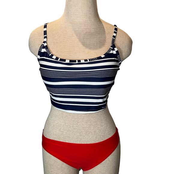 Aerie Navy Stripe Scoop Bikini Top and Red Bottoms Set Size Medium NWT - Picture 1 of 4